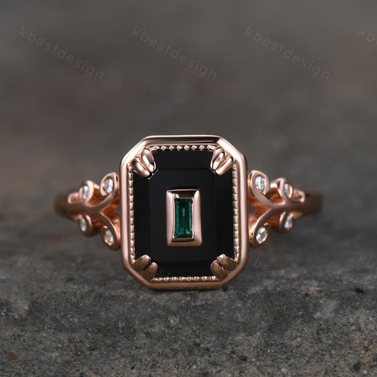 Emerald Cut Black Onyx Engagement Ring Rose Gold Baguette Emerald Ring Antique Unique Bridal Promise Ring Art Deco Ring For Women