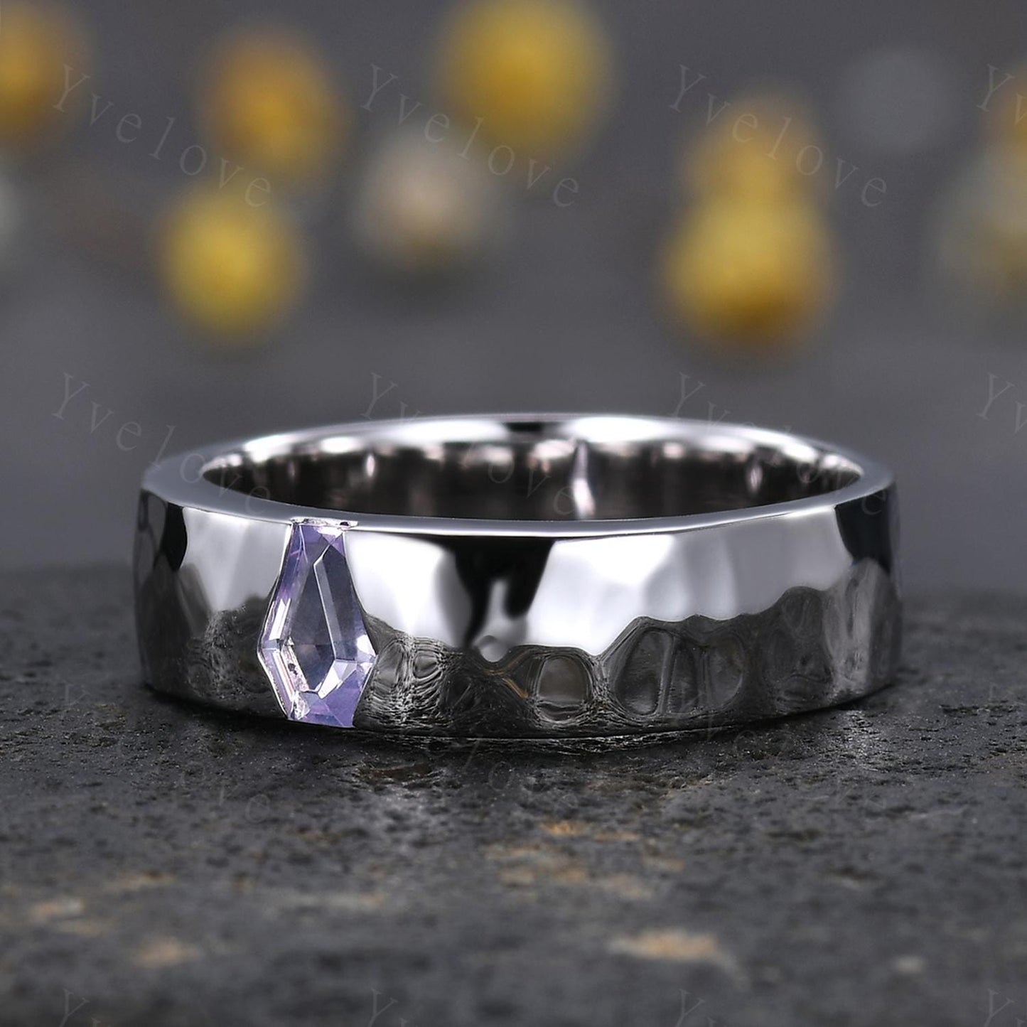 7mm Mens Coffin Cut Amethyst Wedding Band Lavender Amethyst Engagement Ring Hammered Finish White Gold Band Mens Stacking Matching Band