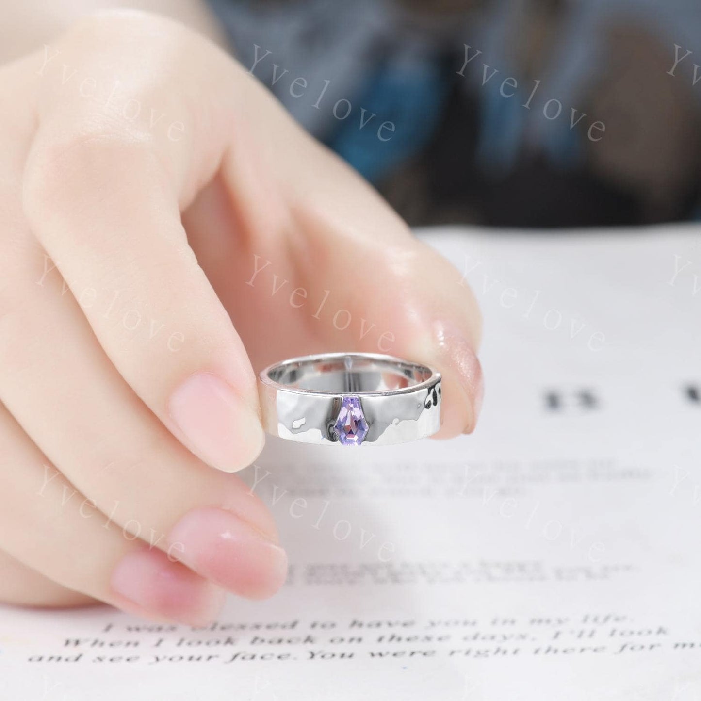 7mm Mens Coffin Cut Amethyst Wedding Band Lavender Amethyst Engagement Ring Hammered Finish White Gold Band Mens Stacking Matching Band