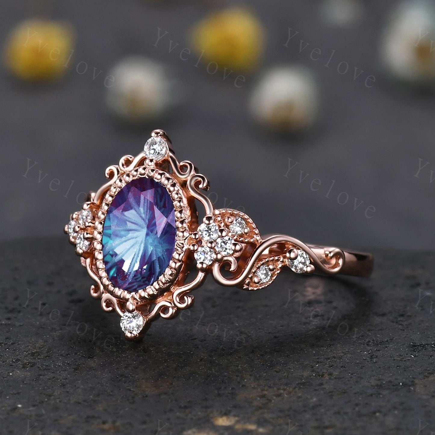 Unique Oval Firework Cut Alexandrite Engagement Ring Filigree 14k Rose Gold Band Vintage Diamond Ring Bridal Ring Cluster Promise Ring Gift