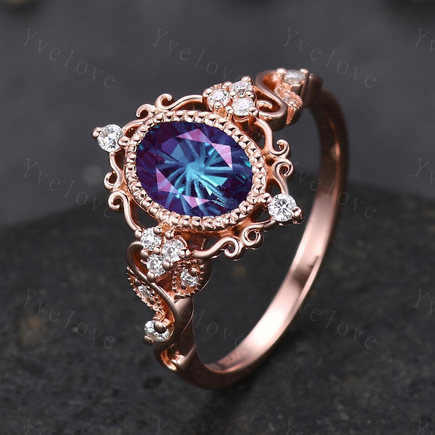 Unique Oval Firework Cut Alexandrite Engagement Ring Filigree 14k Rose Gold Band Vintage Diamond Ring Bridal Ring Cluster Promise Ring Gift