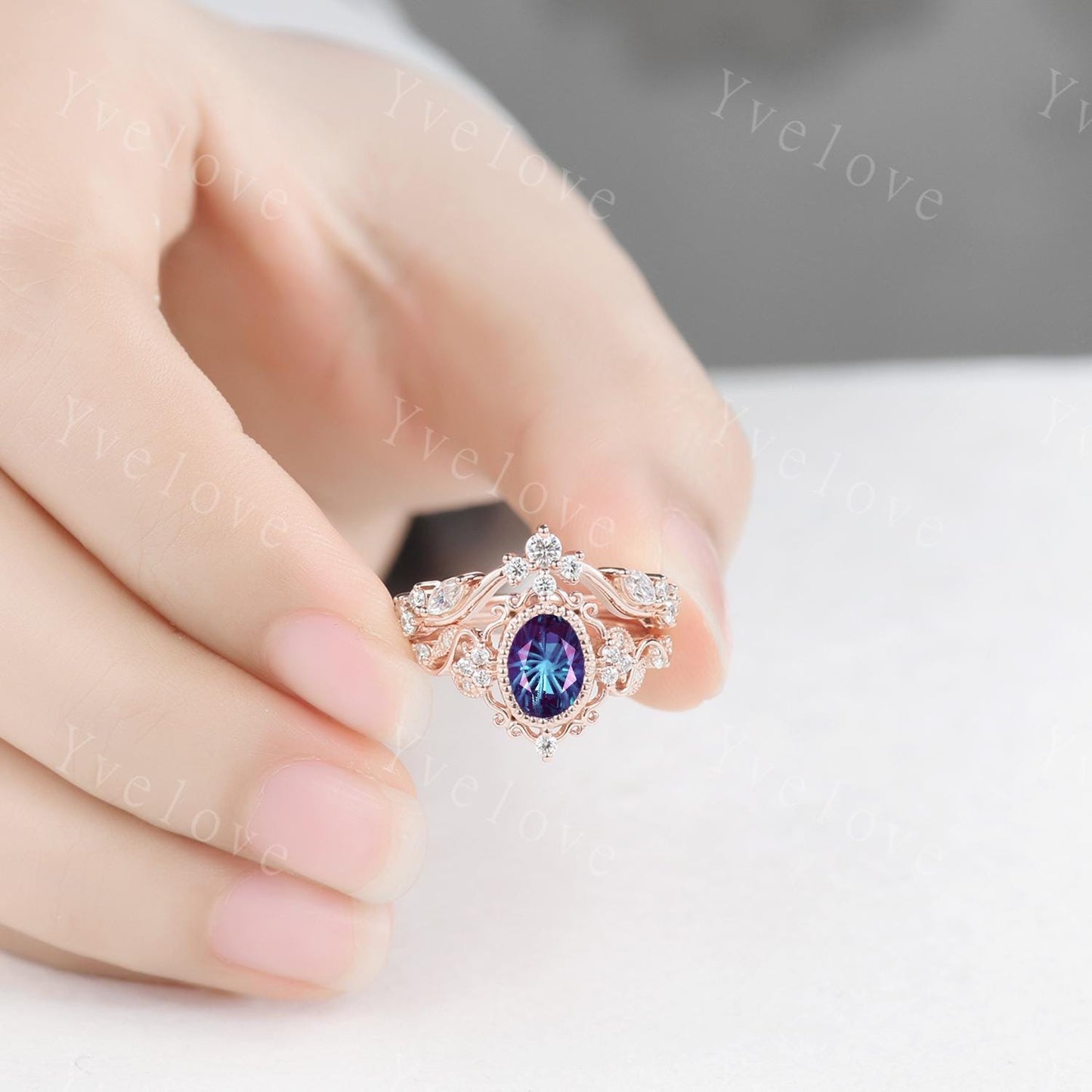 Unique Oval Firework Cut Alexandrite Engagement Ring Filigree 14k Rose Gold Band Vintage Diamond Ring Bridal Ring Cluster Promise Ring Gift