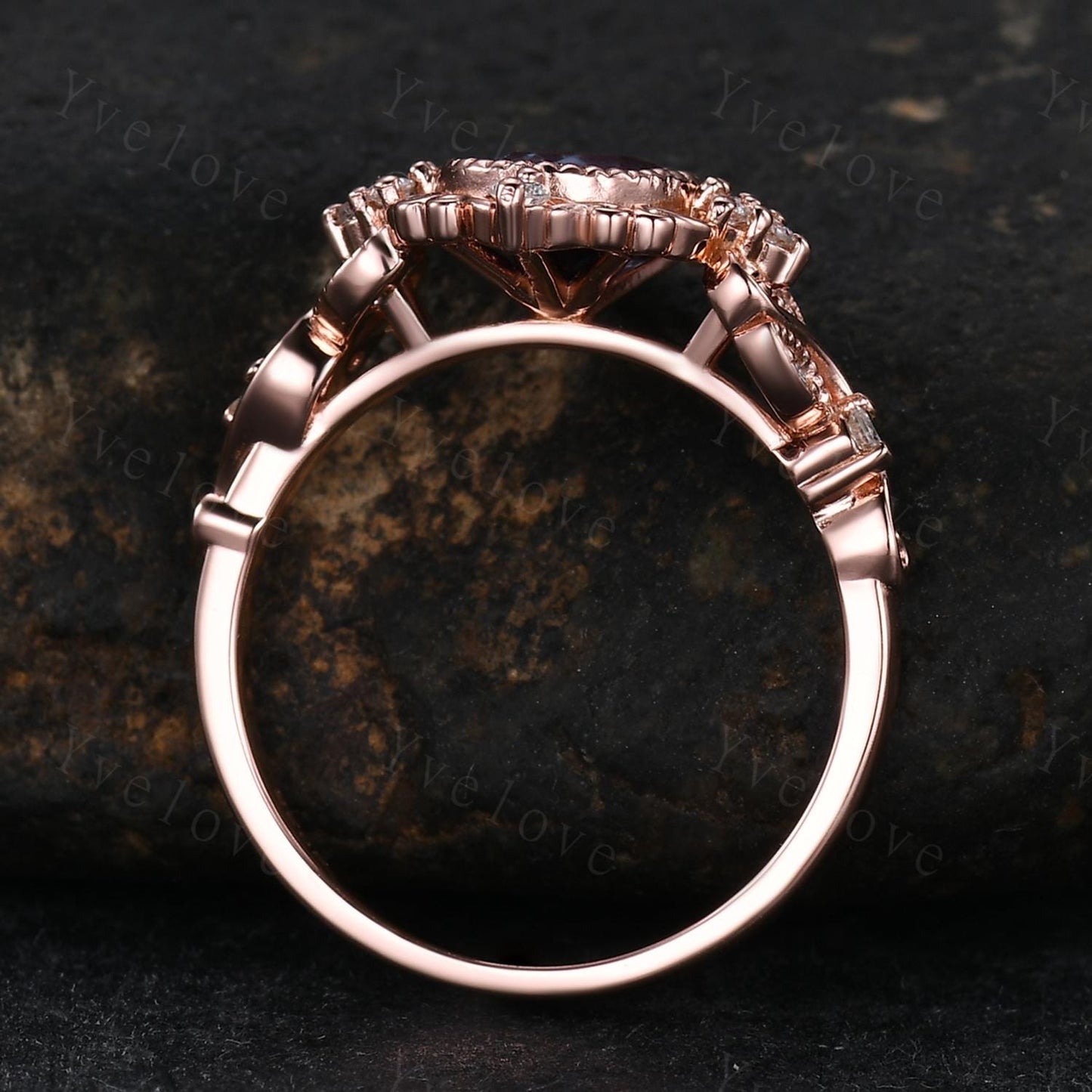 Unique Oval Firework Cut Alexandrite Engagement Ring Filigree 14k Rose Gold Band Vintage Diamond Ring Bridal Ring Cluster Promise Ring Gift