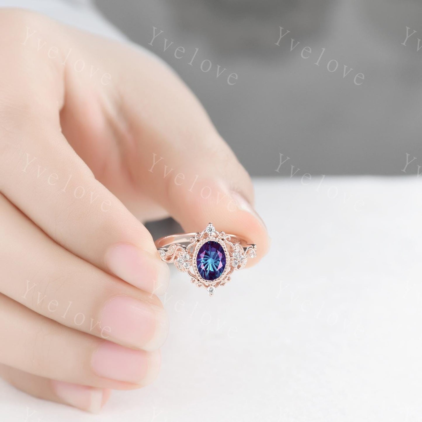 Unique Oval Firework Cut Alexandrite Engagement Ring Filigree 14k Rose Gold Band Vintage Diamond Ring Bridal Ring Cluster Promise Ring Gift