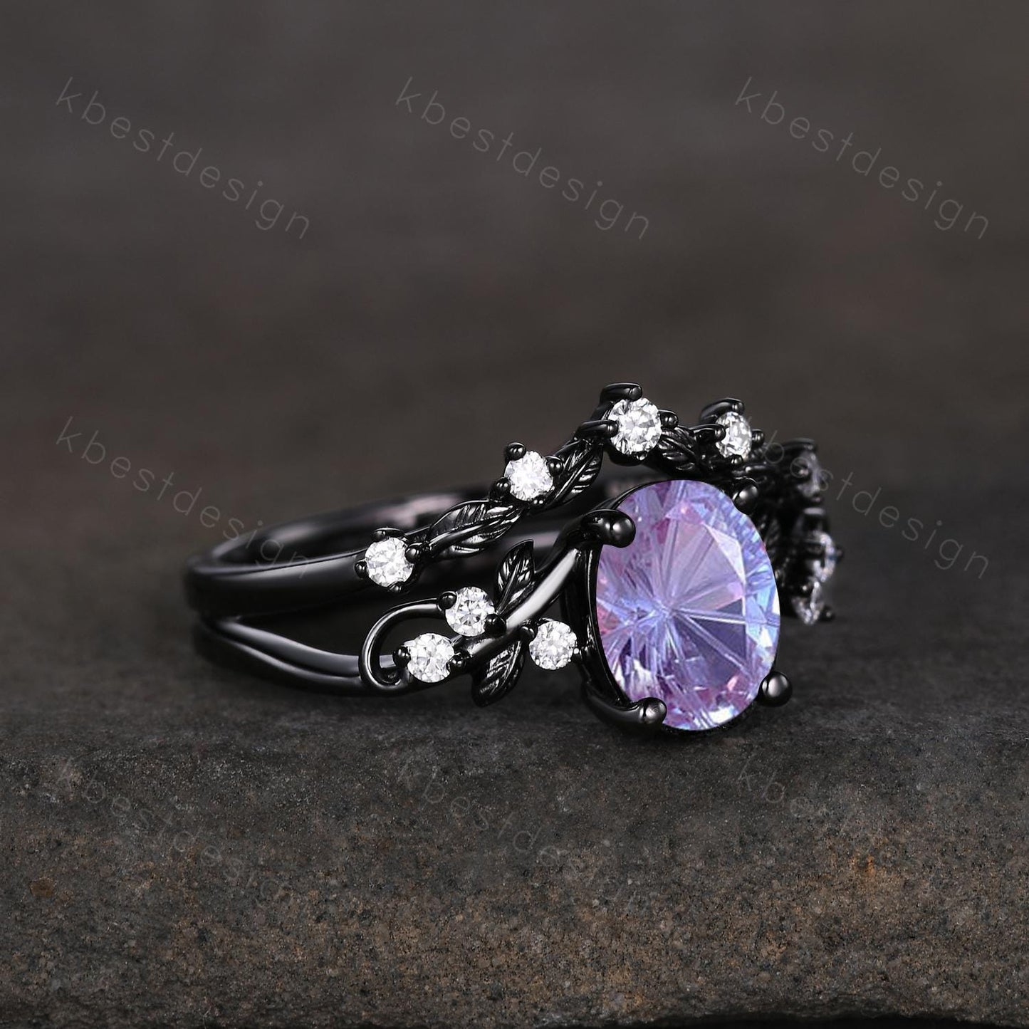 Vintage firework alexandrite engagement ring black gold twig leaf moissanite ring nature branch ring unique art deco bridal wedding ring set