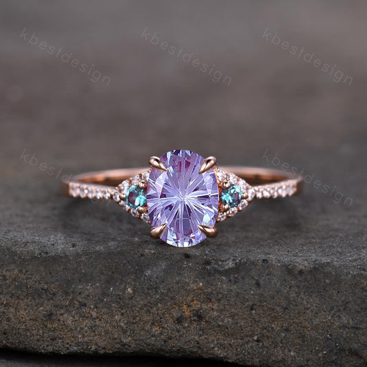 Firework cut alexandrite engagement ring rose gold art deco three stone ring oval cut bridal ring unique alexandrite promise ring for her