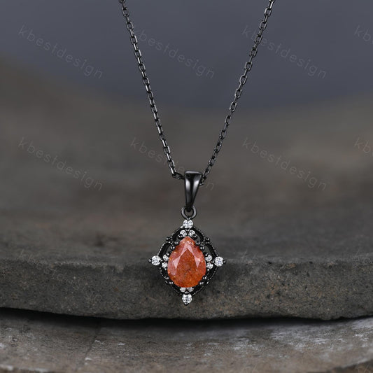 Pear cut Sunstone Necklace Antique Art Deco Moissanite Pendant Necklace Gothic Black Gold Necklace for Women Birthday/Promise Gift for Her