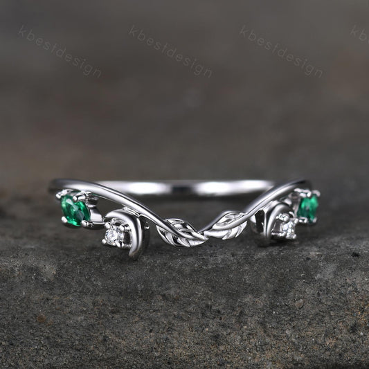 Unique Curved Moissanite Emerald Wedding Band Women Sterling Silver Ring Moon Leaf Style Stacking Matching Band Bridal Anniversary Ring