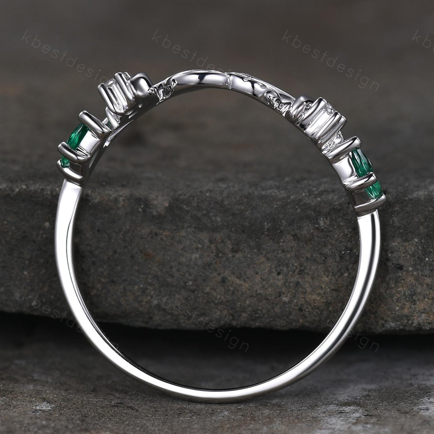 Unique Curved Moissanite Emerald Wedding Band Women Sterling Silver Ring Moon Leaf Style Stacking Matching Band Bridal Anniversary Ring