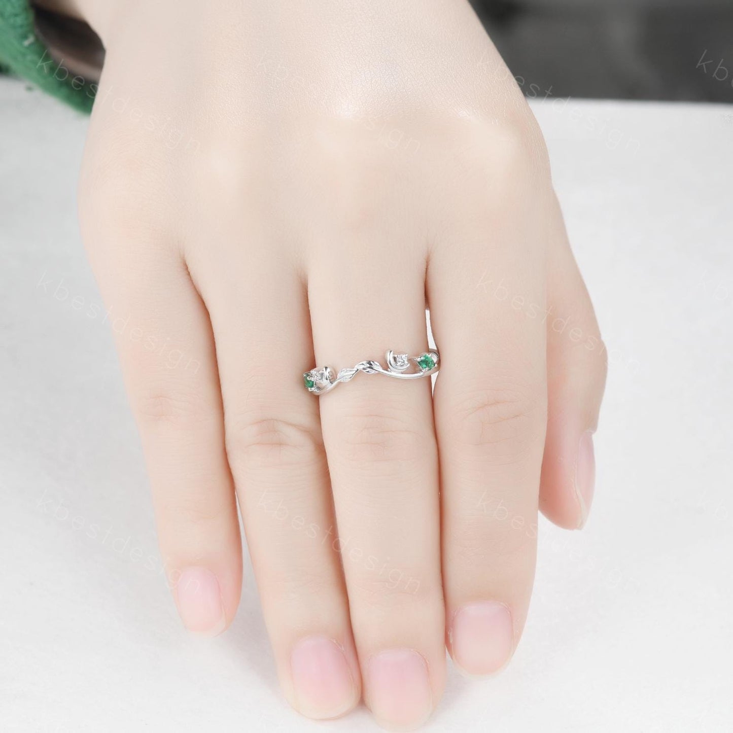 Unique Curved Moissanite Emerald Wedding Band Women Sterling Silver Ring Moon Leaf Style Stacking Matching Band Bridal Anniversary Ring