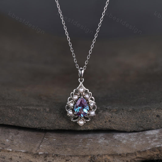 Vintage 1.5CT Alexandrite Necklace Sterling Silver Pearl Halo Pendant June Birthstone Jewelry Unique Art Deco Bridal Promise Necklace Gift