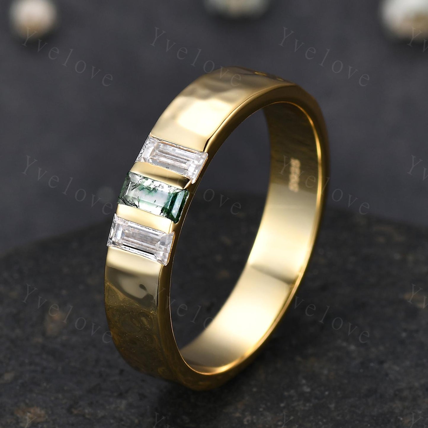 5mm Mens Moss agate Wedding Band Baguette Green Agate Diamond Band Yellow Gold Ring Mens Hammered Stacking Matching Band Gifts For Husband