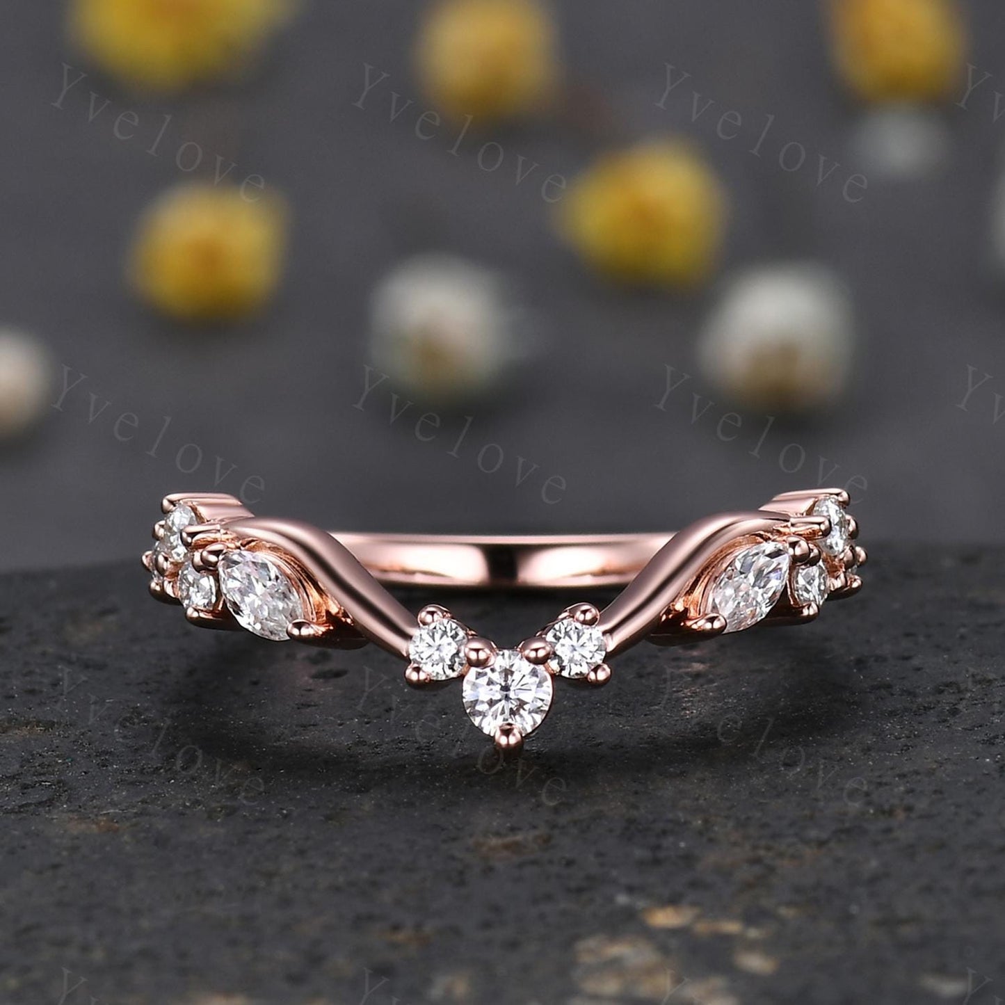 Art Deco Diamond Wedding Band Marquise Moissanite Engagement Ring Matching Band,Women V Curved Wedding Band,Rose Gold Wedding Ring Gift