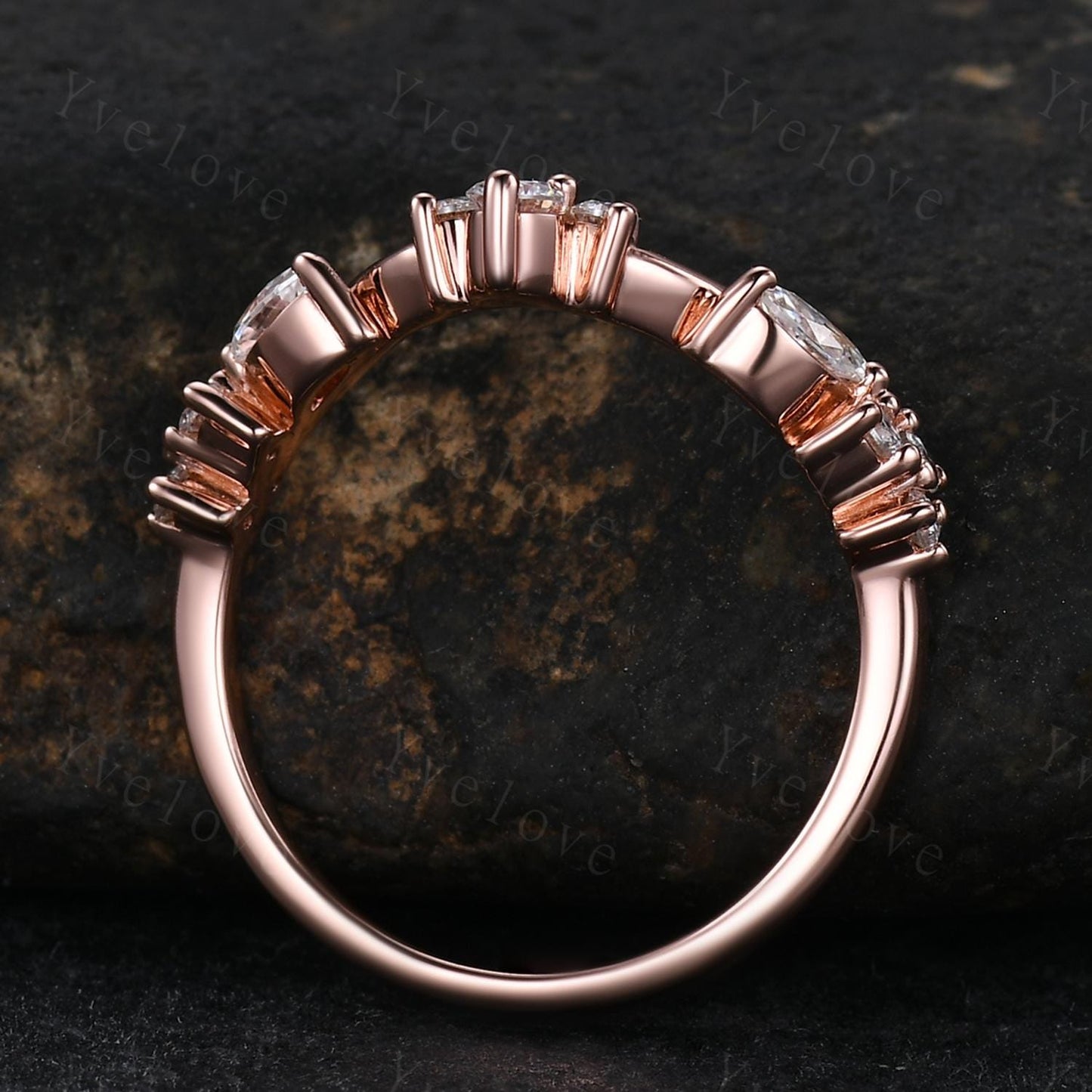 Art Deco Diamond Wedding Band Marquise Moissanite Engagement Ring Matching Band,Women V Curved Wedding Band,Rose Gold Wedding Ring Gift