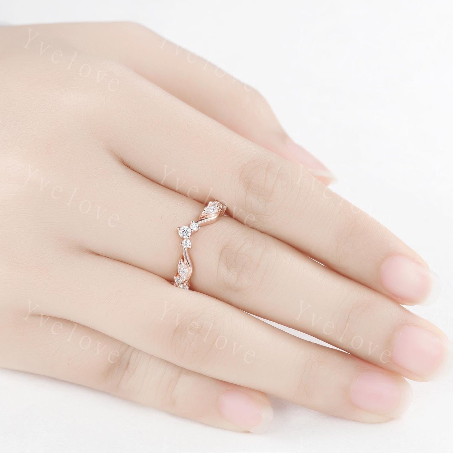 Art Deco Diamond Wedding Band Marquise Moissanite Engagement Ring Matching Band,Women V Curved Wedding Band,Rose Gold Wedding Ring Gift