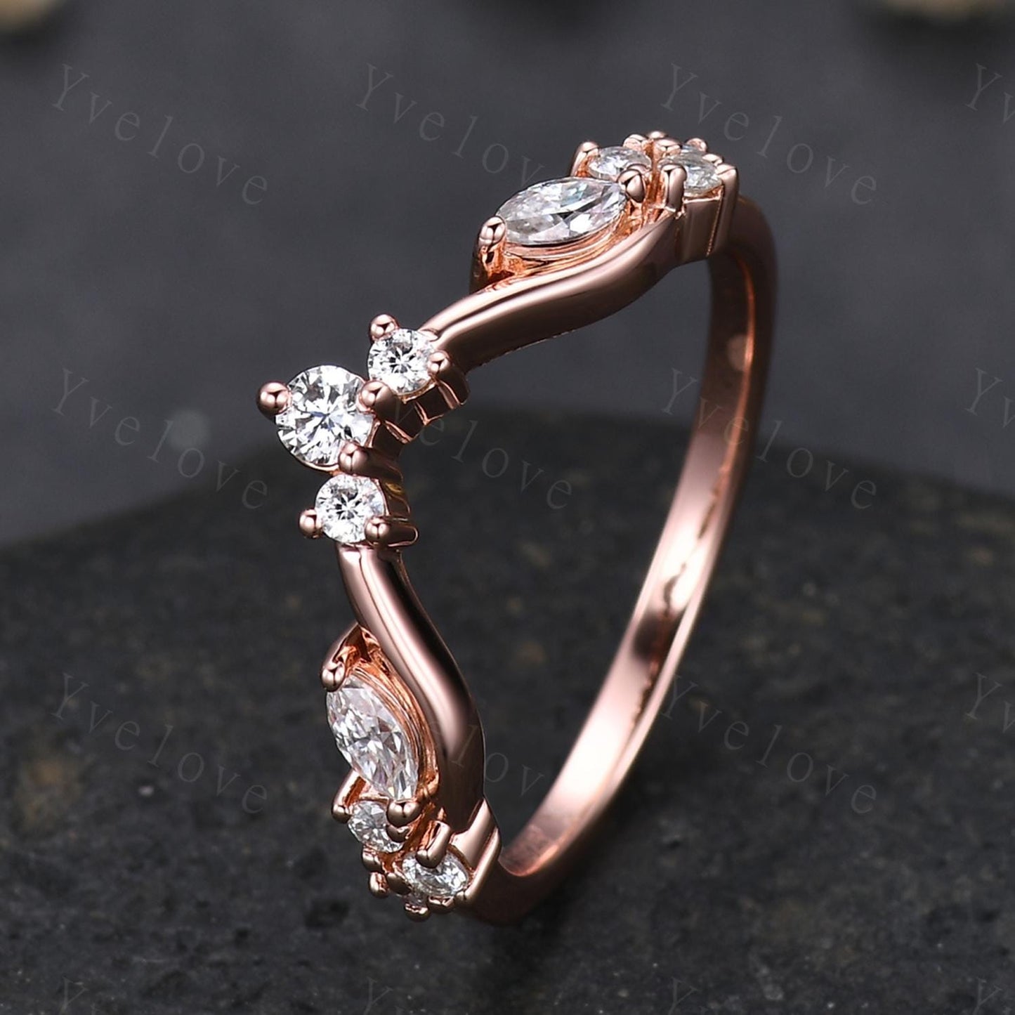 Art Deco Diamond Wedding Band Marquise Moissanite Engagement Ring Matching Band,Women V Curved Wedding Band,Rose Gold Wedding Ring Gift