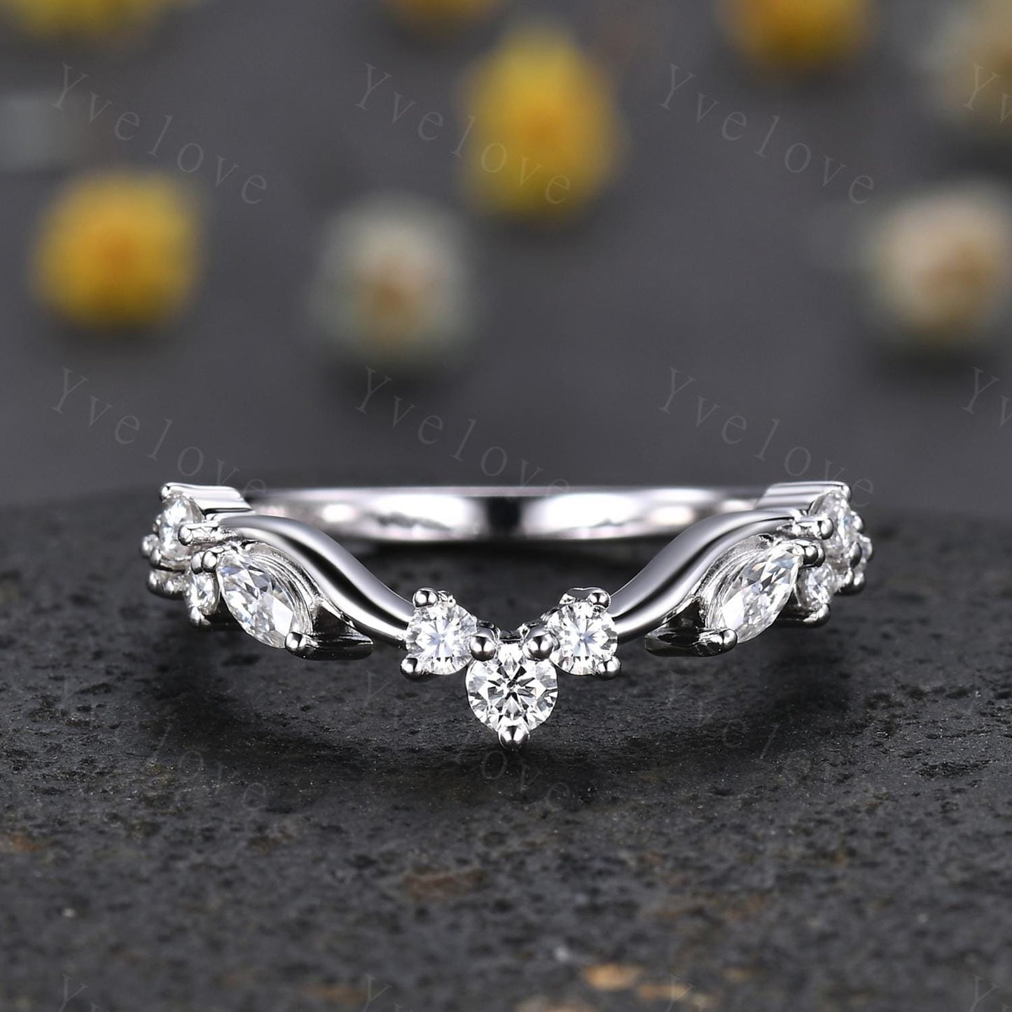 Art Deco Diamond Wedding Band Marquise Moissanite Engagement Ring Matching Band,Women V Curved Wedding Band,Rose Gold Wedding Ring Gift