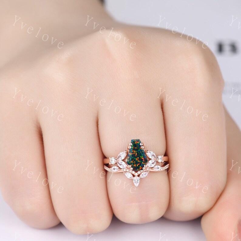Vintage coffin shaped black fire opal ring set moissanite wedding ring Unique black opal engagement ring rose gold ring bridal promise ring