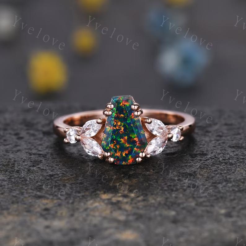 Vintage coffin shaped black fire opal ring set moissanite wedding ring Unique black opal engagement ring rose gold ring bridal promise ring