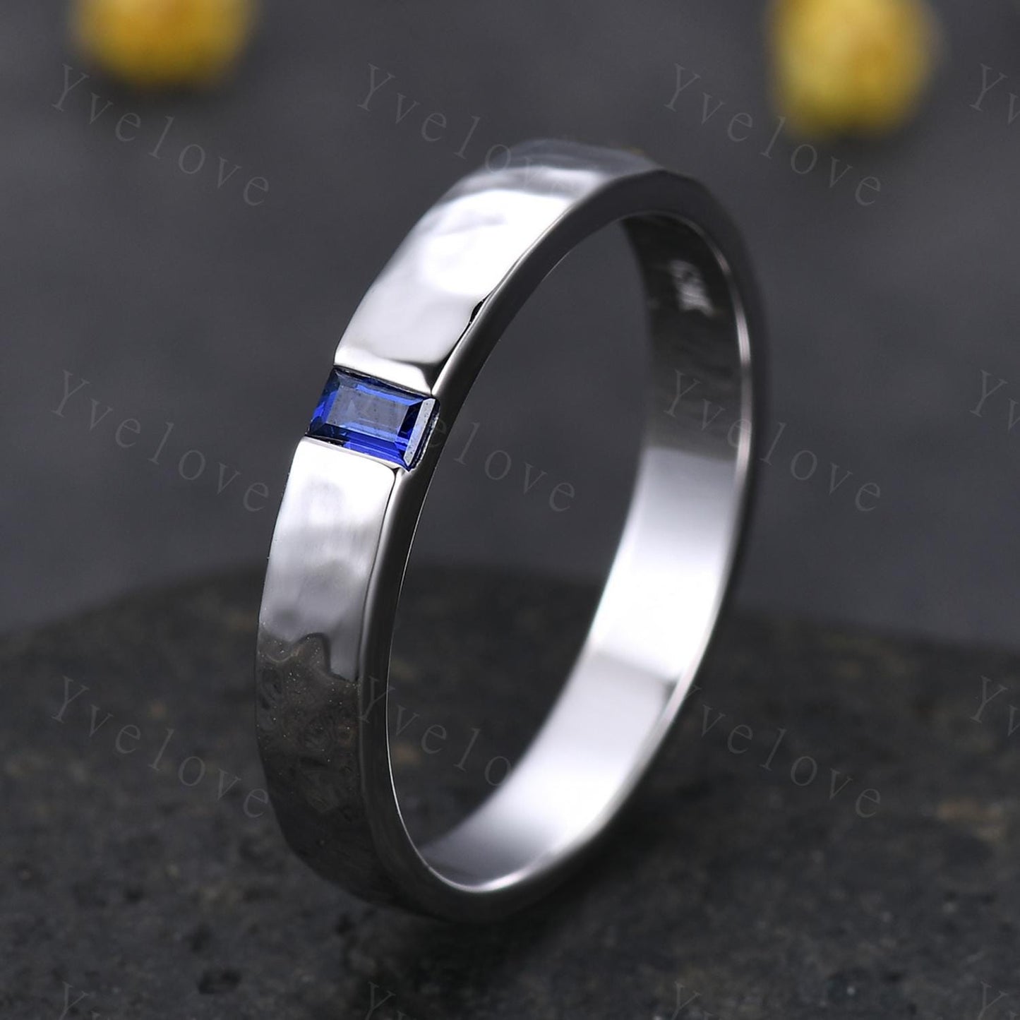 3mm Mens Baguette Blue Sapphire Wedding Band Sapphire Band 925 Silver Ring Mens Hammered Stacking Matching Band Vintage Ring Gift For Men