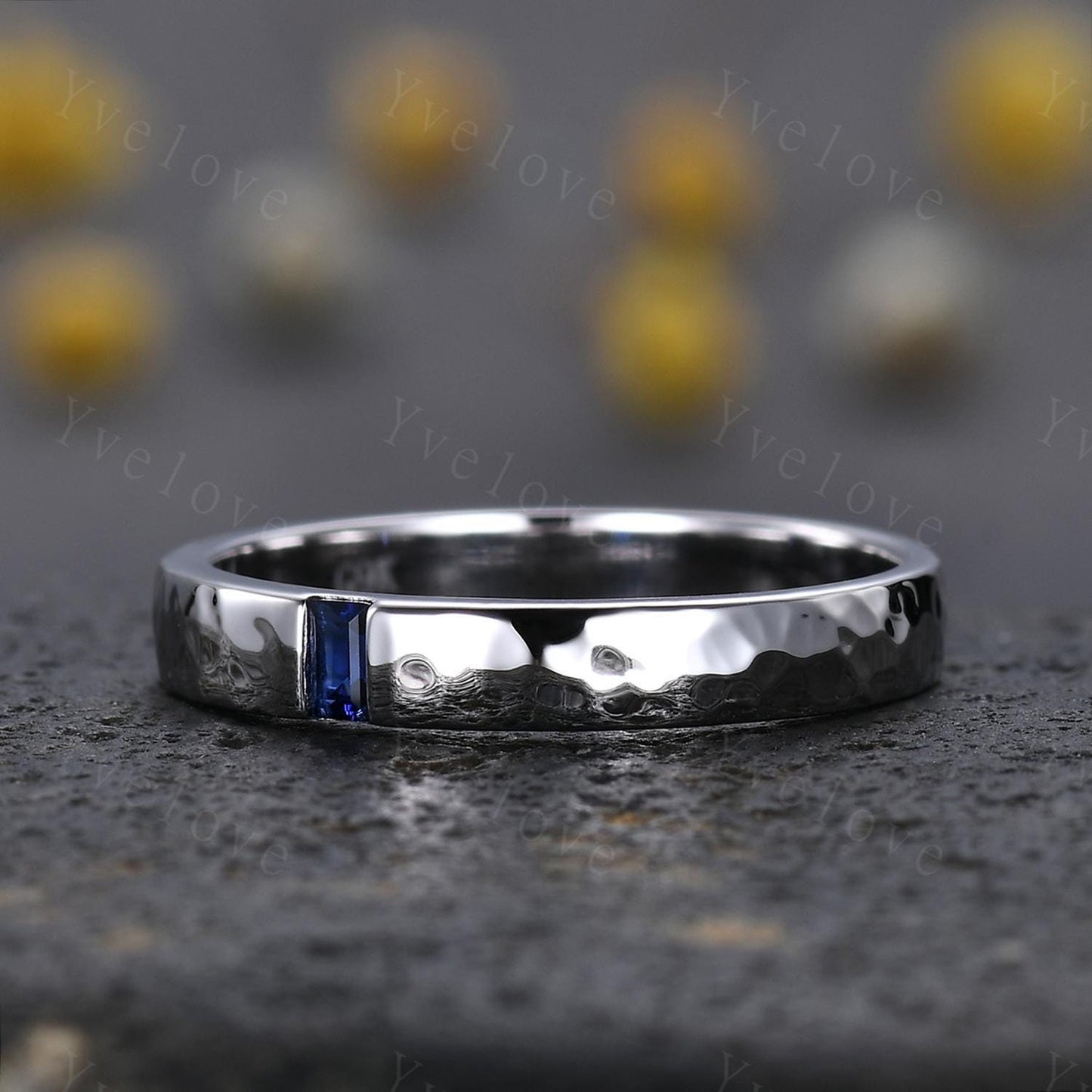 3mm Mens Baguette Blue Sapphire Wedding Band Sapphire Band 925 Silver Ring Mens Hammered Stacking Matching Band Vintage Ring Gift For Men