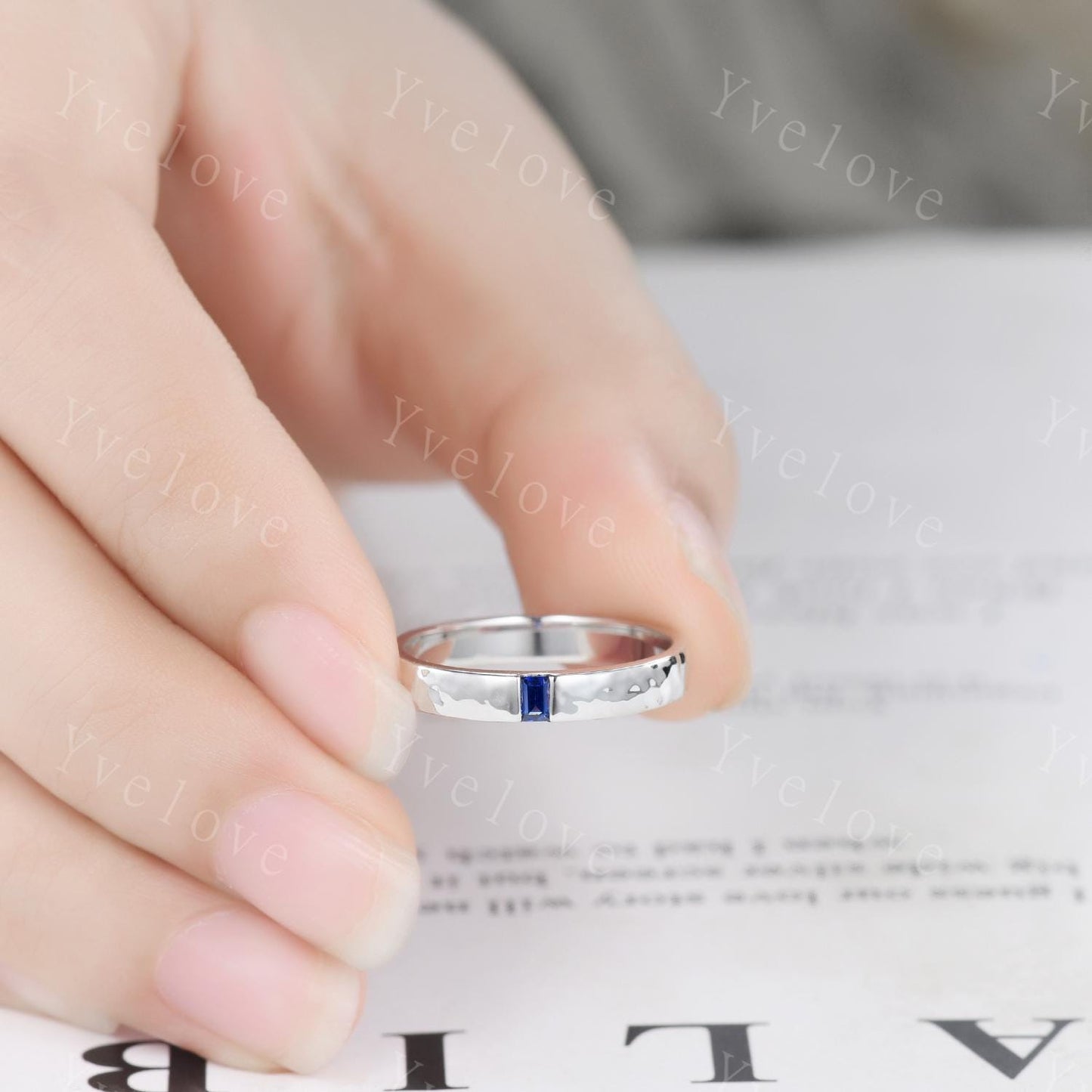 3mm Mens Baguette Blue Sapphire Wedding Band Sapphire Band 925 Silver Ring Mens Hammered Stacking Matching Band Vintage Ring Gift For Men