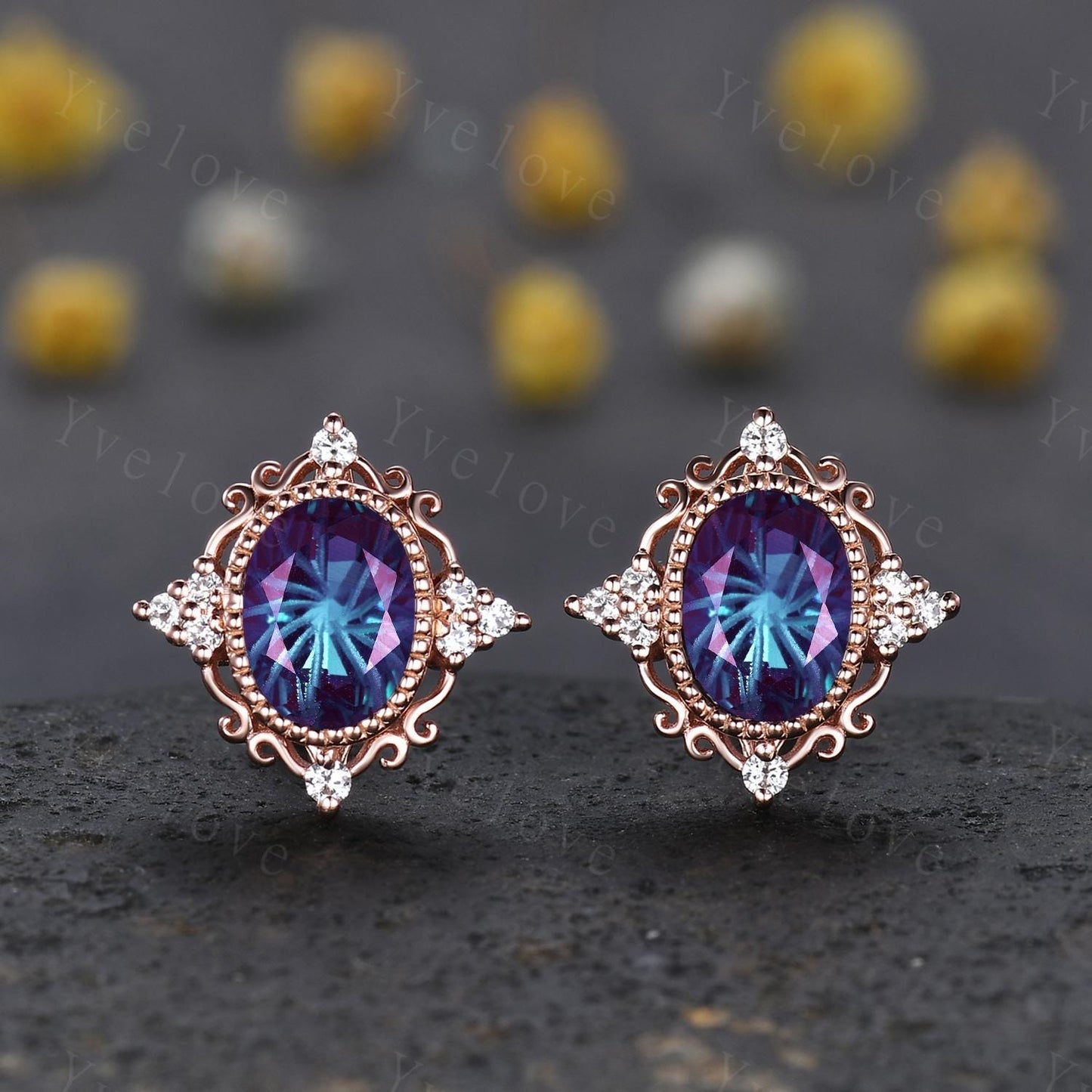 Retro Firework Cut Alexandrite Earrings,Oval Cut Gems,Art Deco Diamond Delicate Stud Earrings,Rose Gold Personalized Bridal Gift for Her