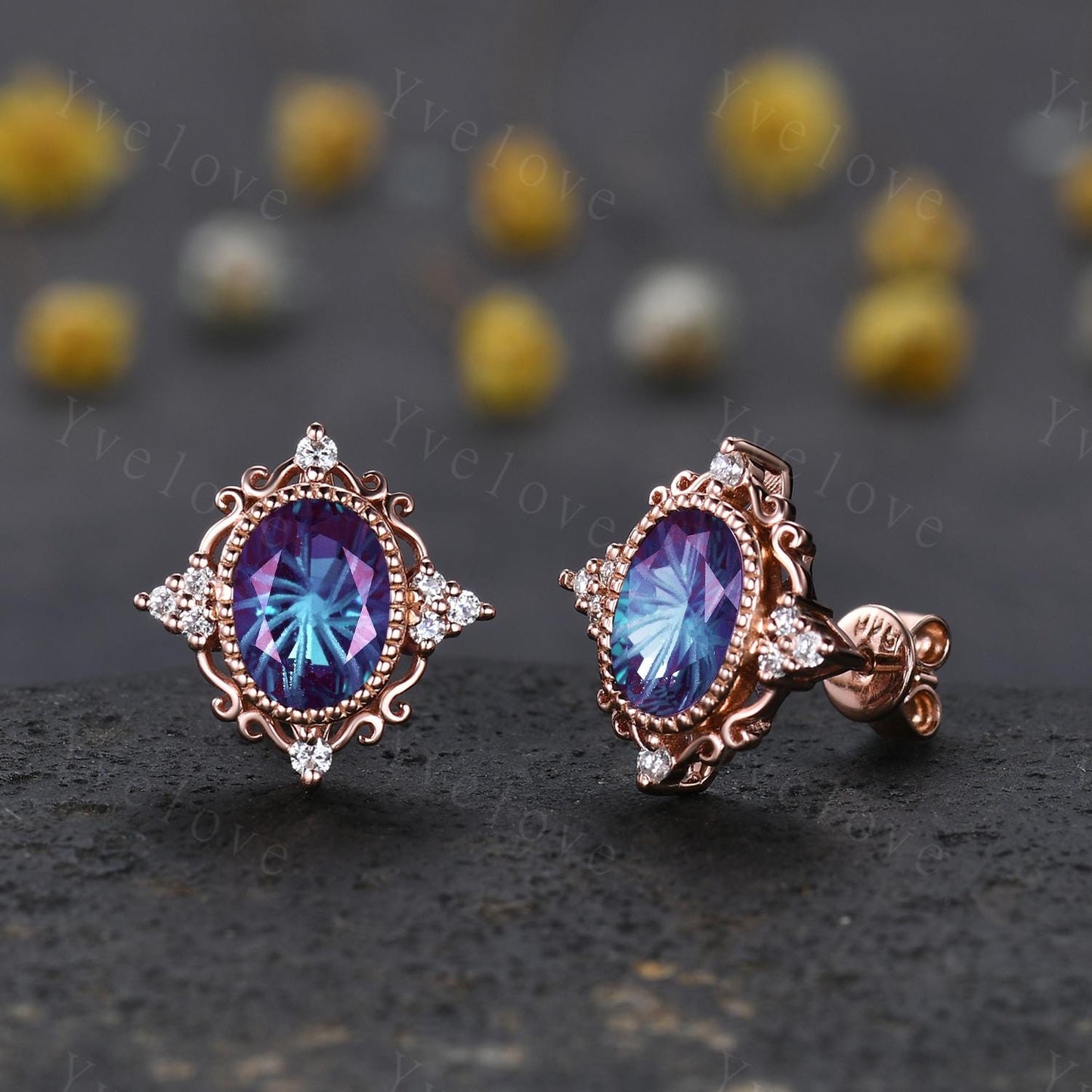 Retro Firework Cut Alexandrite Earrings,Oval Cut Gems,Art Deco Diamond Delicate Stud Earrings,Rose Gold Personalized Bridal Gift for Her
