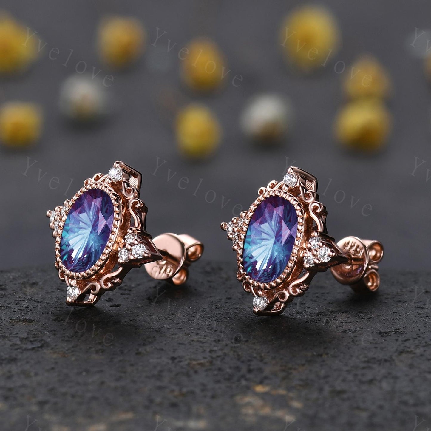 Retro Firework Cut Alexandrite Earrings,Oval Cut Gems,Art Deco Diamond Delicate Stud Earrings,Rose Gold Personalized Bridal Gift for Her