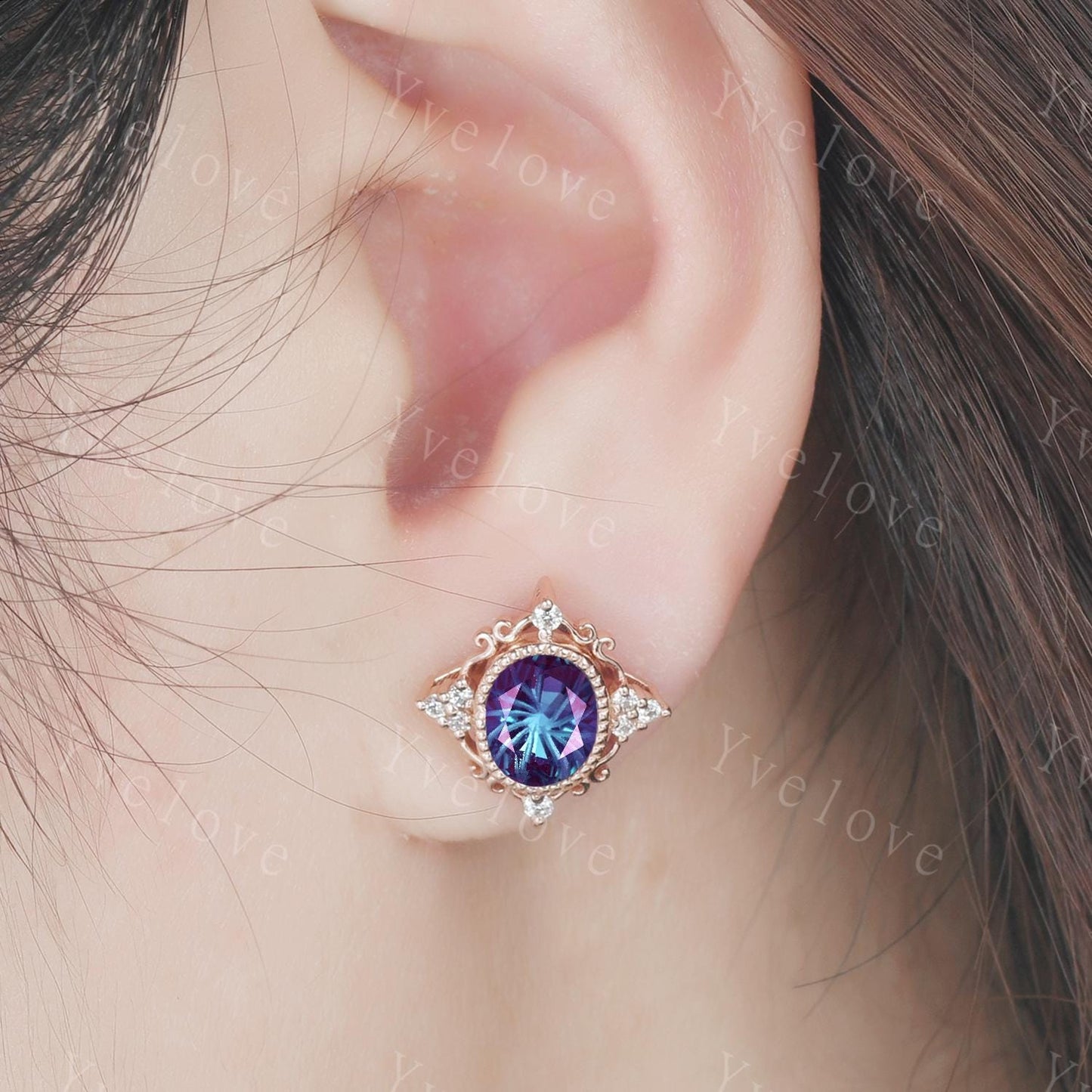 Retro Firework Cut Alexandrite Earrings,Oval Cut Gems,Art Deco Diamond Delicate Stud Earrings,Rose Gold Personalized Bridal Gift for Her
