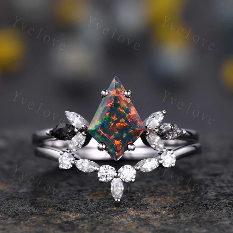 Vintage Kite Black Fire Opal Engagement Ring Set,Unique Bridal Ring Set,Marquise Black Rutilated Quartz,White Gold Anniversary Ring Gift