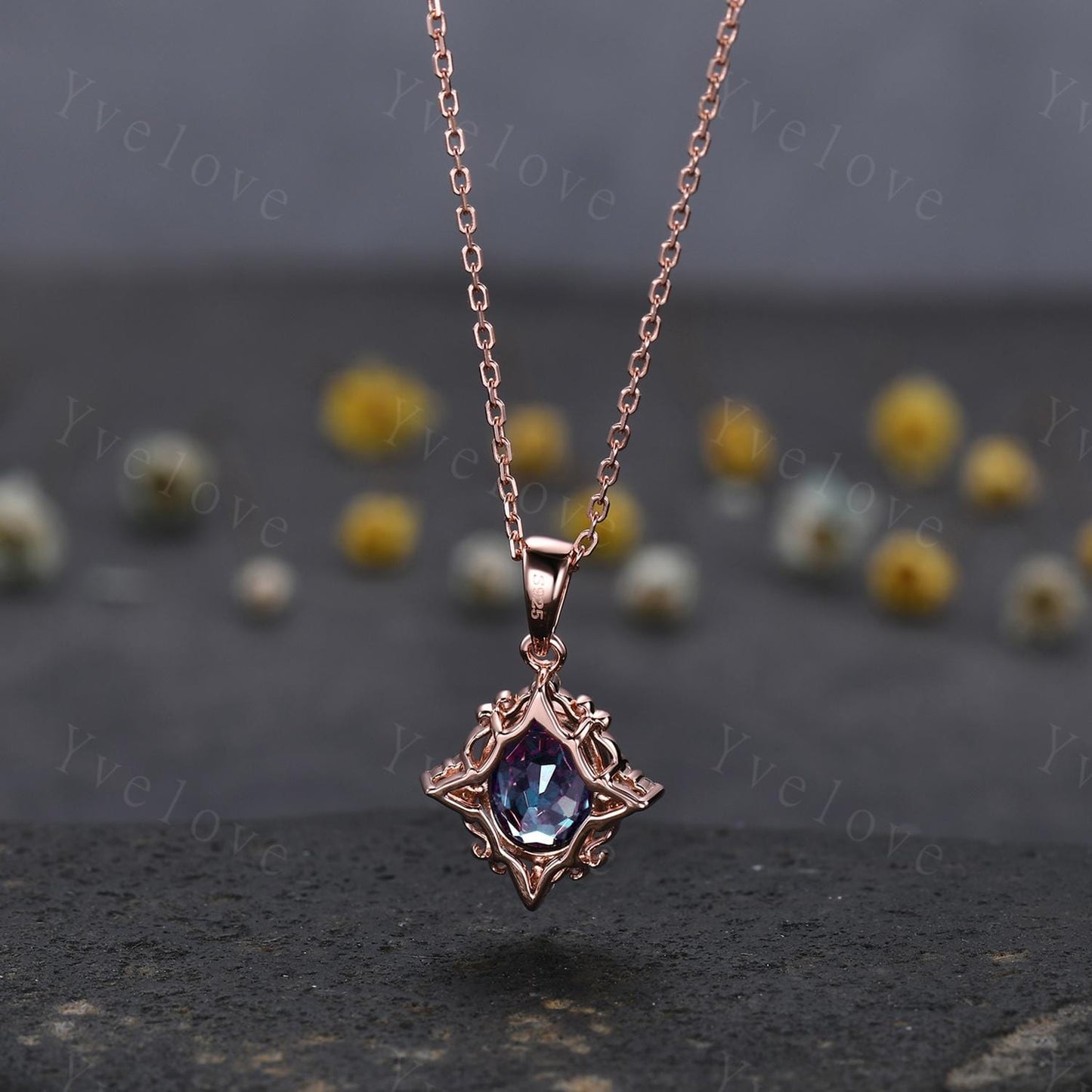 Vintage unique firework alexandrite necklace filigree design 14k rose gold diamond personalized pendant anniversary birthday gift for her