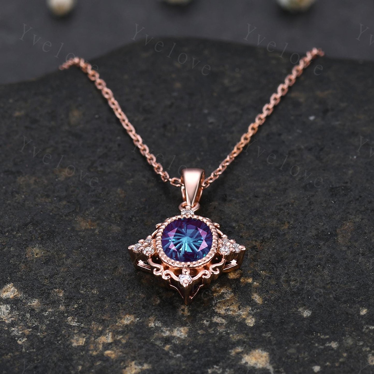 Vintage unique firework alexandrite necklace filigree design 14k rose gold diamond personalized pendant anniversary birthday gift for her