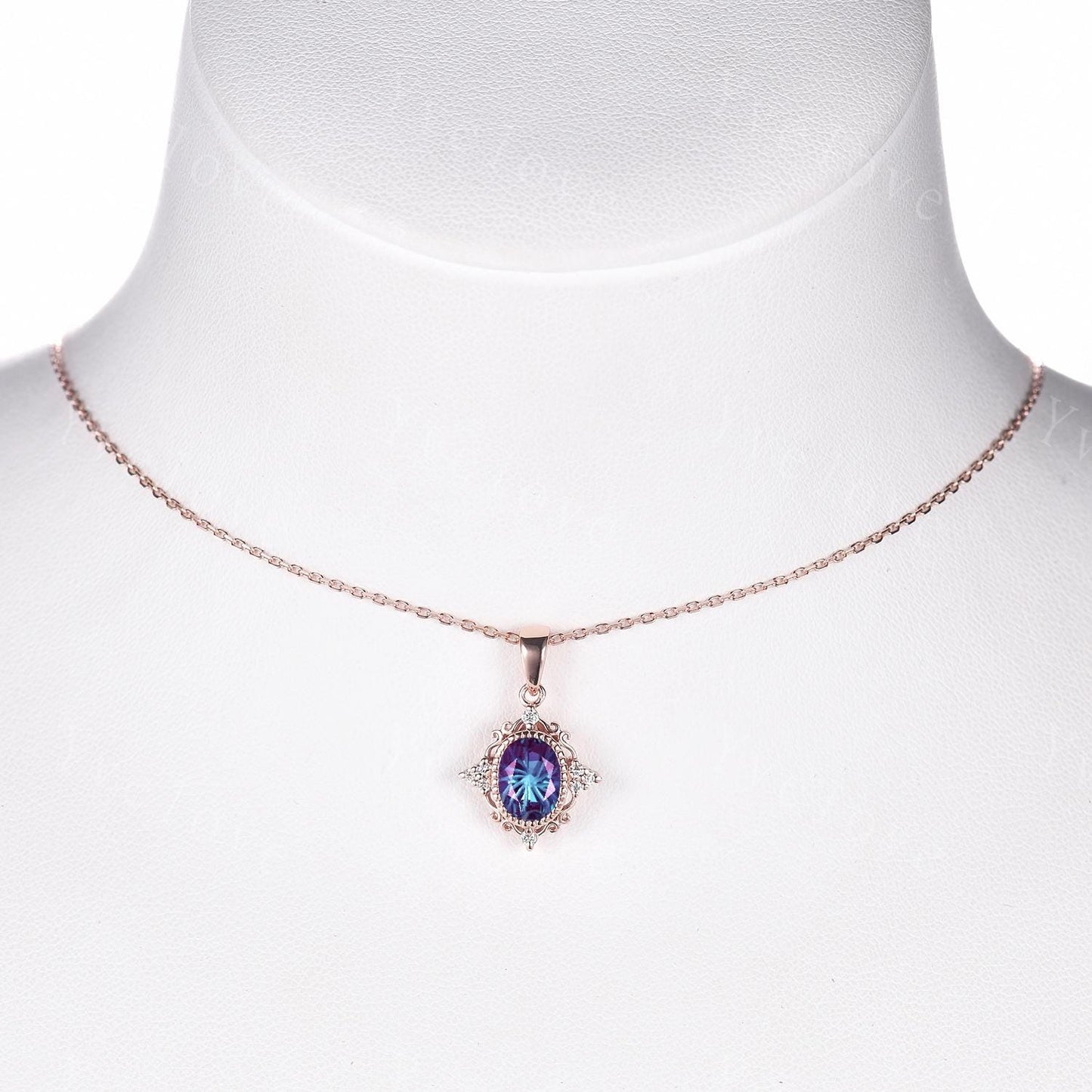 Vintage unique firework alexandrite necklace filigree design 14k rose gold diamond personalized pendant anniversary birthday gift for her