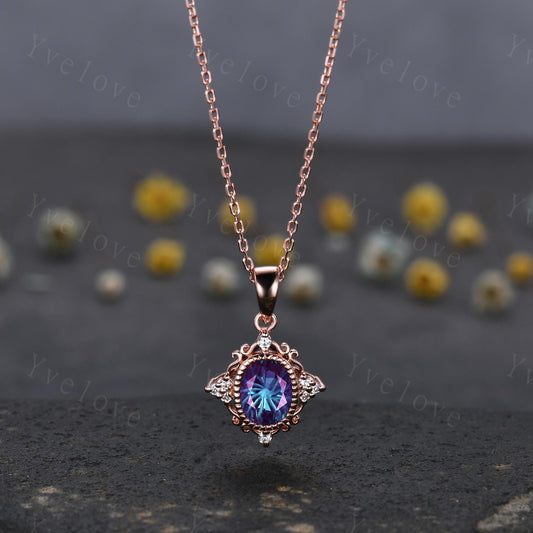 Vintage unique firework alexandrite necklace filigree design 14k rose gold diamond personalized pendant anniversary birthday gift for her