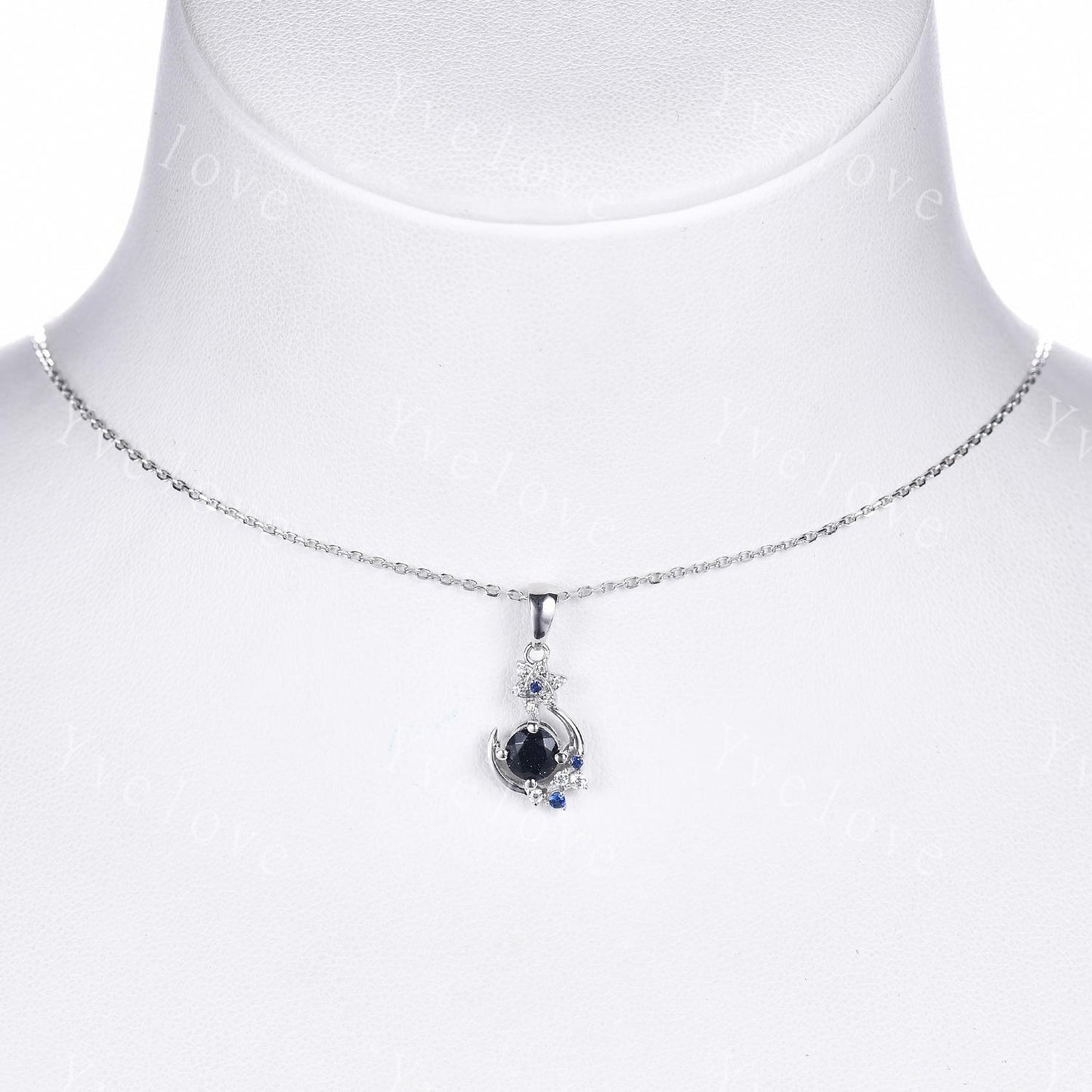 Art Deco round cut blue sandstone necklace solid 18k white gold cluster moon diamond pendant blue gemstone promise necklace anniversary gift