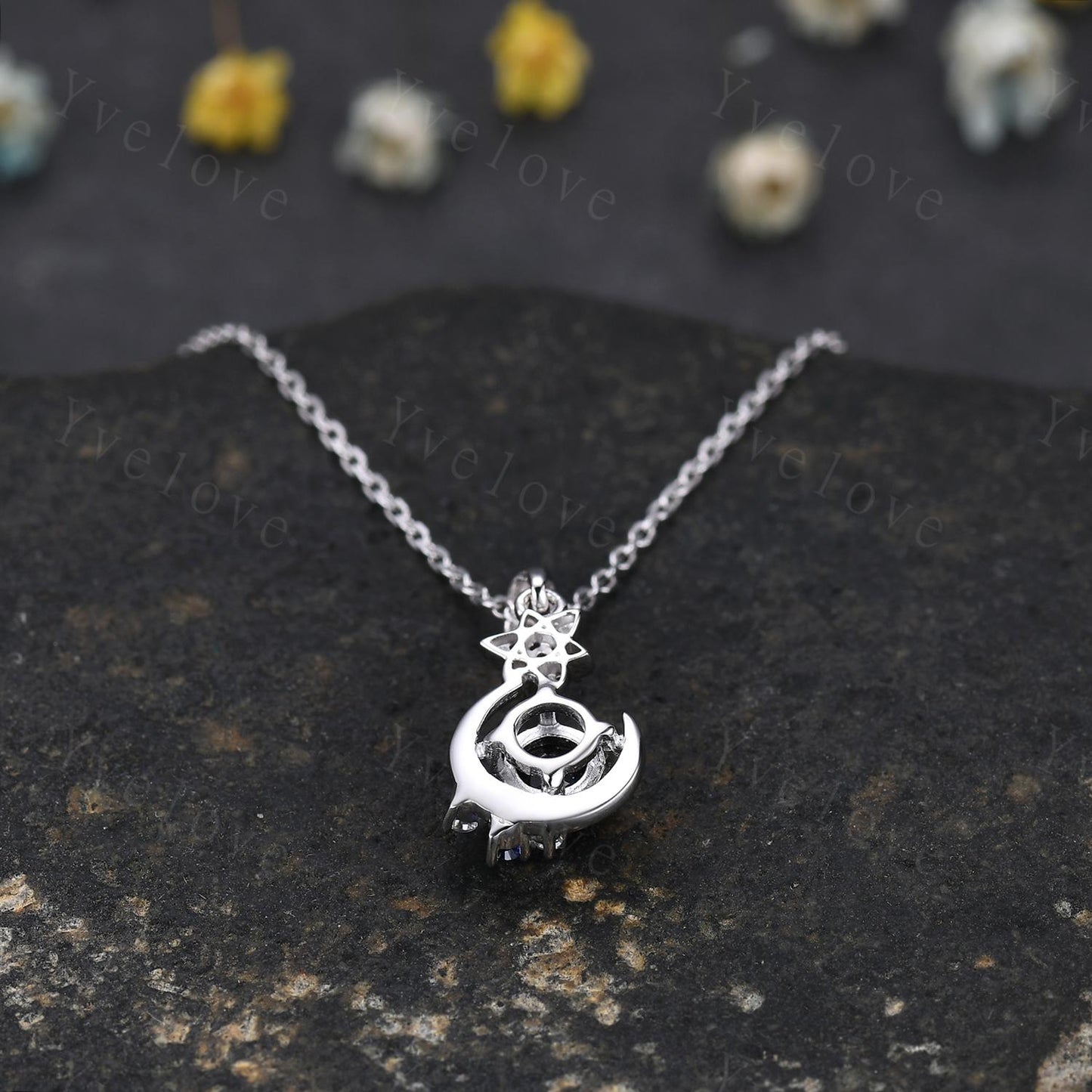 Art Deco round cut blue sandstone necklace solid 18k white gold cluster moon diamond pendant blue gemstone promise necklace anniversary gift