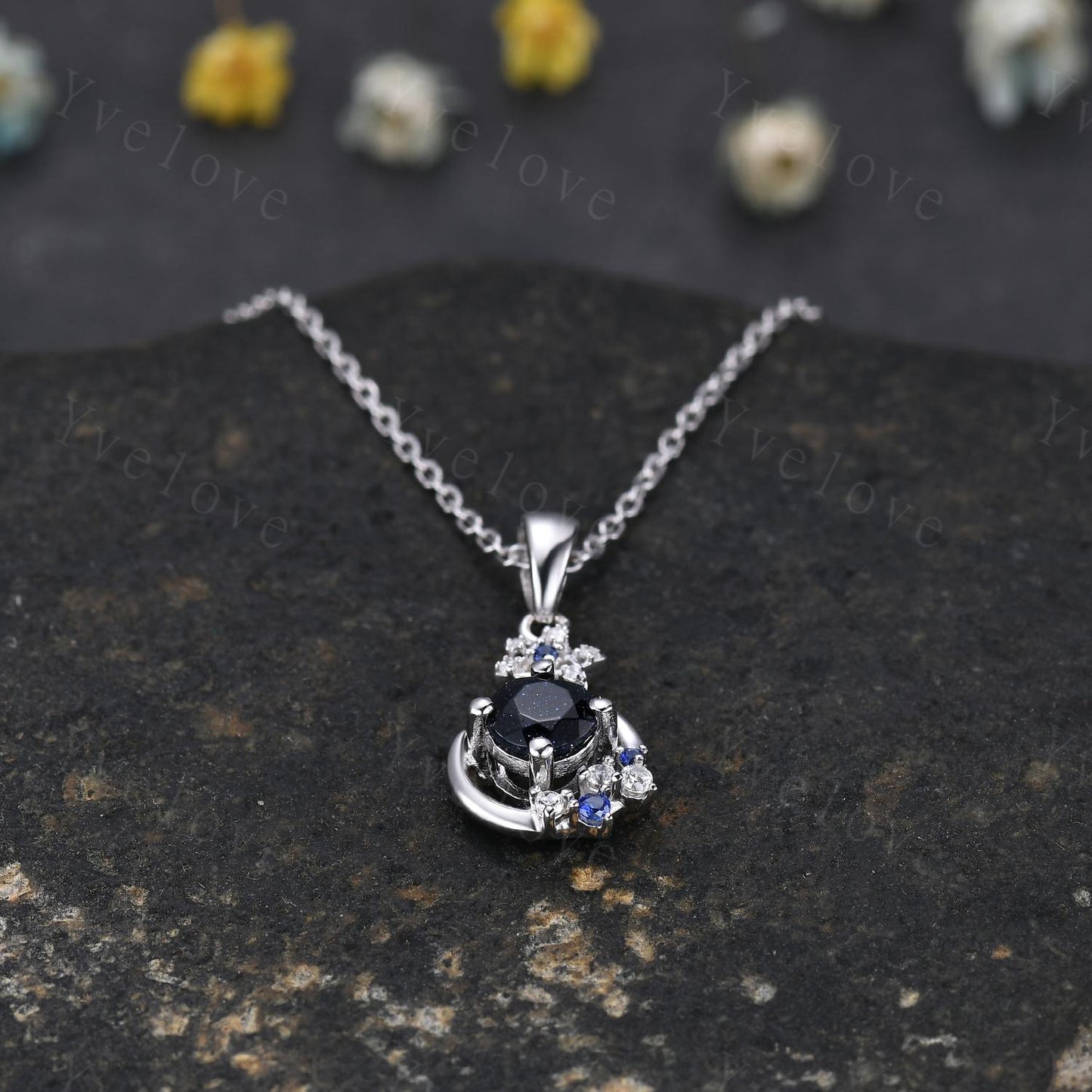 Art Deco round cut blue sandstone necklace solid 18k white gold cluster moon diamond pendant blue gemstone promise necklace anniversary gift