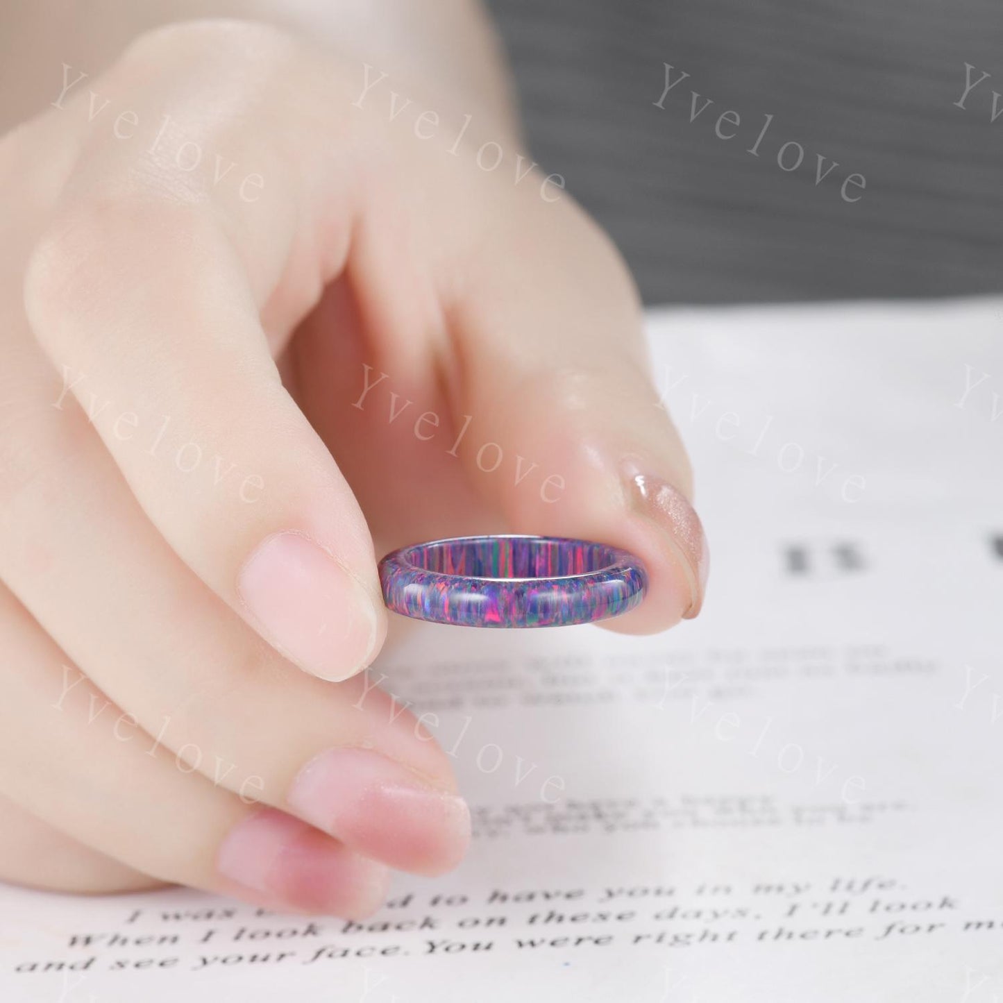 Unique Purple opal wedding band mens opal engagement ring full eternity women October birthstone wedding band promise ring couple ring set