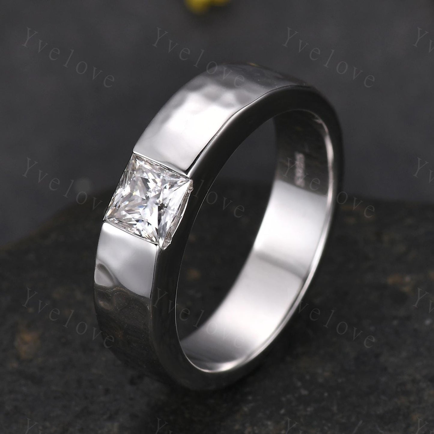 5mm Mens Moissanite Wedding Band Princess Cut Moissanite Band White Gold Ring Mens Hammered Band Stacking Matching Band Vintage Ring Gift