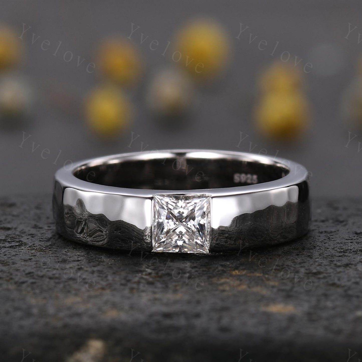 5mm Mens Moissanite Wedding Band Princess Cut Moissanite Band White Gold Ring Mens Hammered Band Stacking Matching Band Vintage Ring Gift