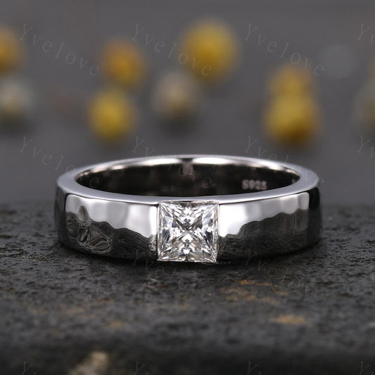 5mm Mens Moissanite Wedding Band Princess Cut Moissanite Band White Gold Ring Mens Hammered Band Stacking Matching Band Vintage Ring Gift