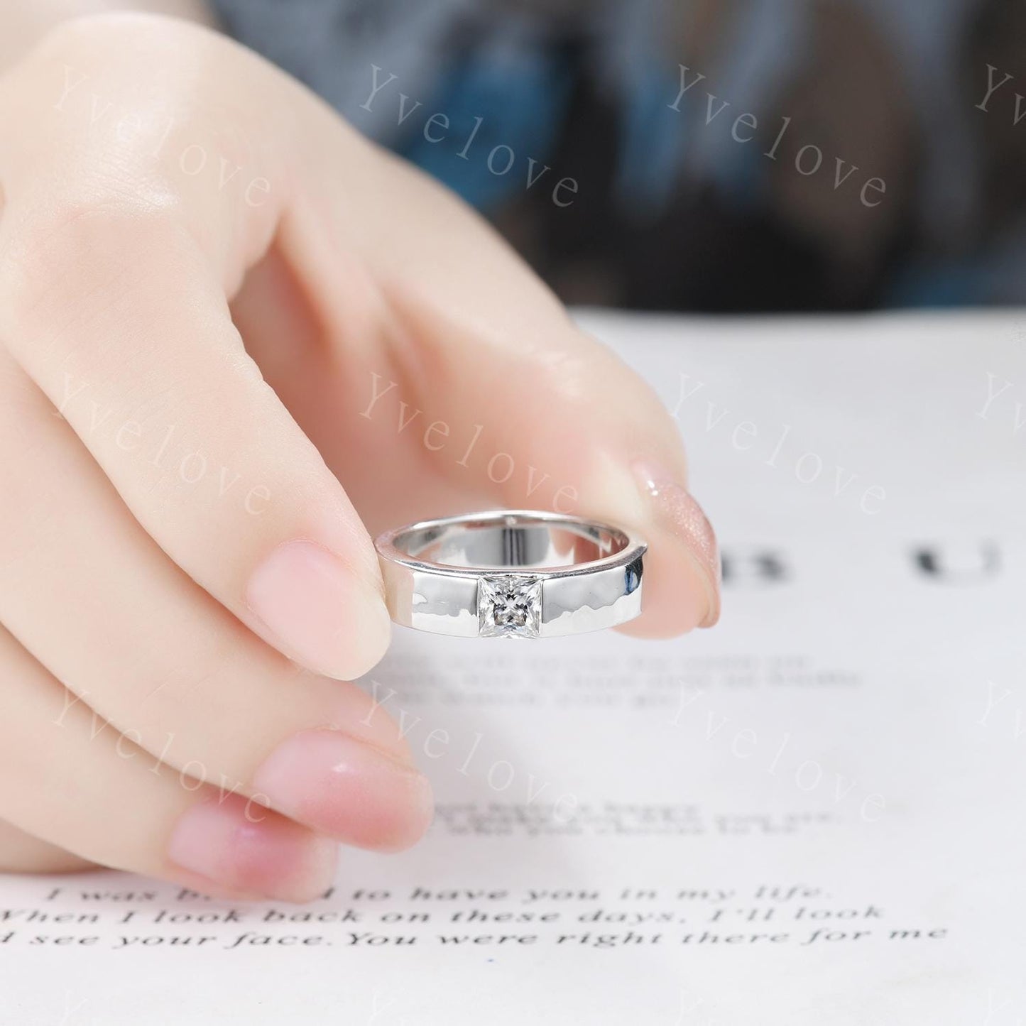 5mm Mens Moissanite Wedding Band Princess Cut Moissanite Band White Gold Ring Mens Hammered Band Stacking Matching Band Vintage Ring Gift