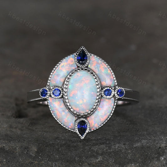 Antique White Opal Engagement Ring Sterling Silver Opal Sapphire Halo Engagement Ring Vintage Cocktail Ring October Birthstone Ring Gift