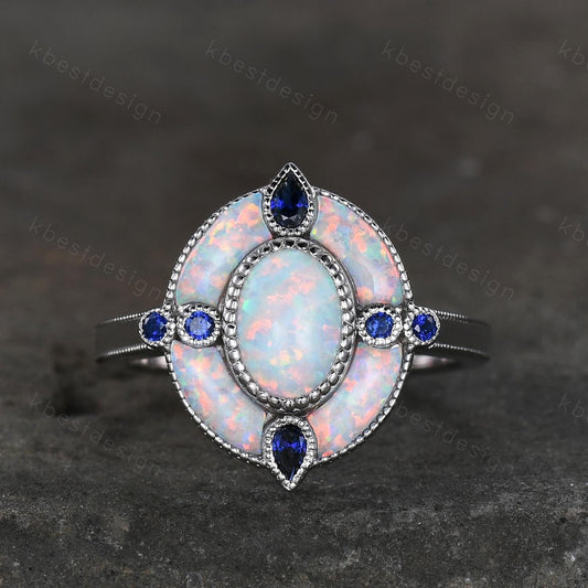 Antique White Opal Engagement Ring Sterling Silver Opal Sapphire Halo Engagement Ring Vintage Cocktail Ring October Birthstone Ring Gift