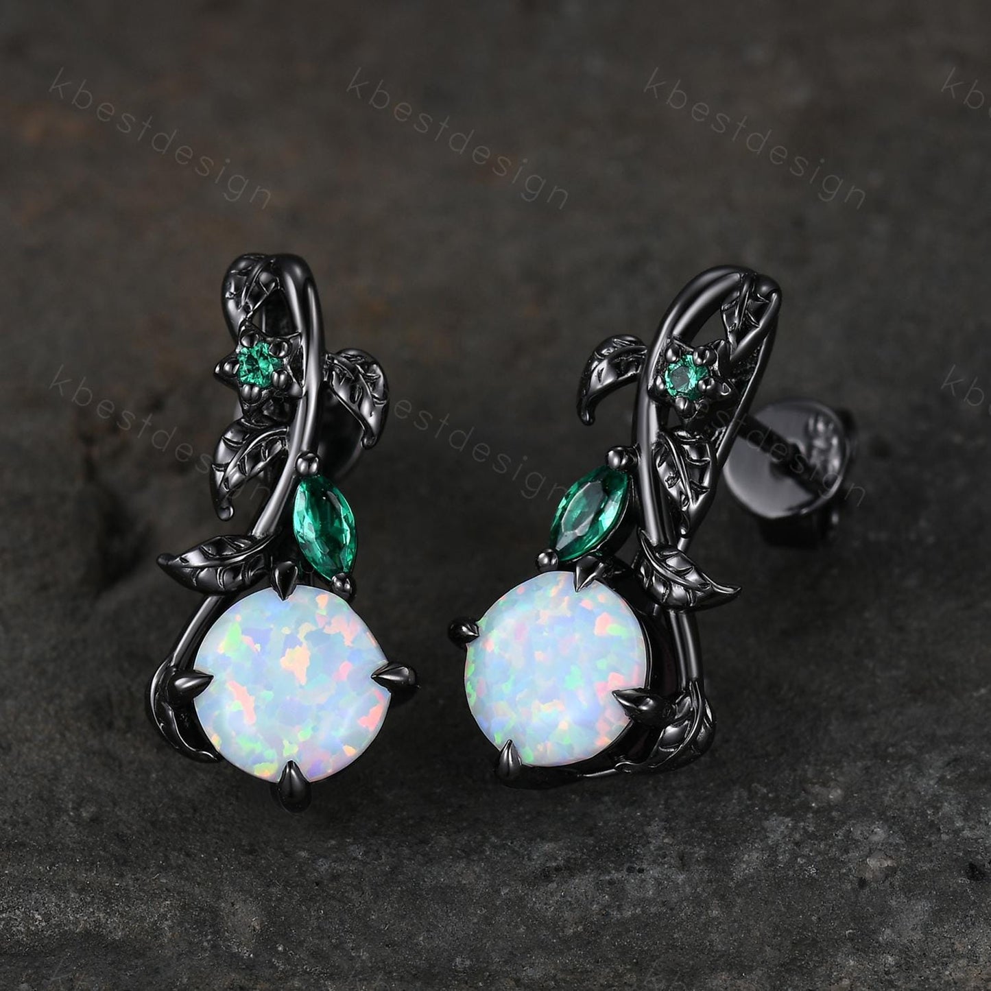Nature inspired Opal earrings women black gold earring studs leaf style emerald earrings art deco white opal studs anniversary gift for her