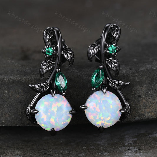 Nature inspired Opal earrings women black gold earring studs leaf style emerald earrings art deco white opal studs anniversary gift for her