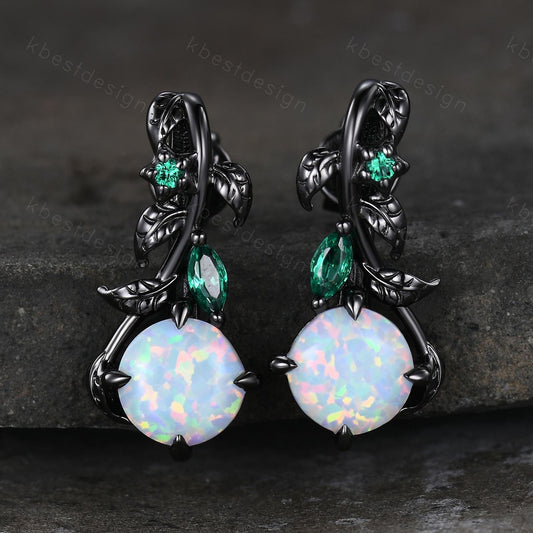 Nature inspired Opal earrings women black gold earring studs leaf style emerald earrings art deco white opal studs anniversary gift for her