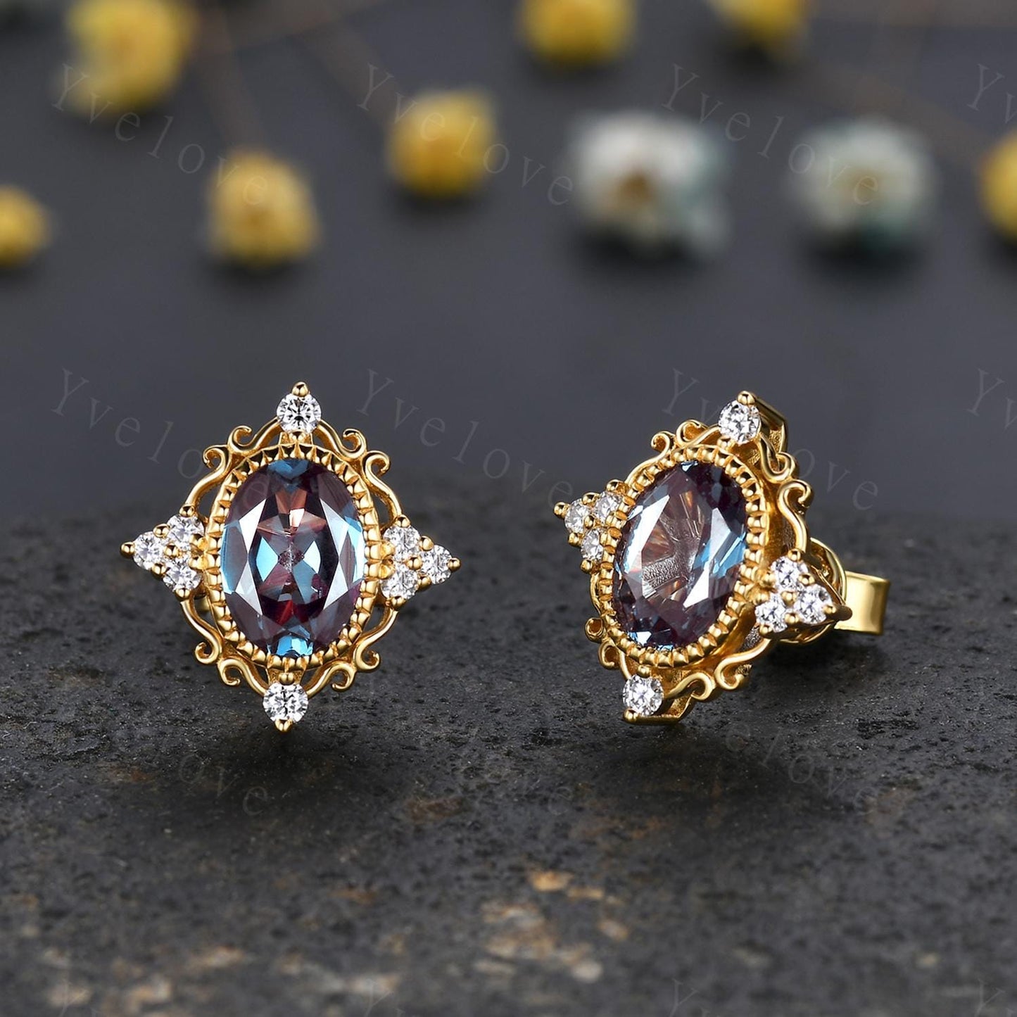 Retro Oval Cut Alexandrite Earrings,Art Deco Diamond Delicate Stud Earrings,Yellow Gold Earrings,Personalized Gift Bridal Earrings for Her