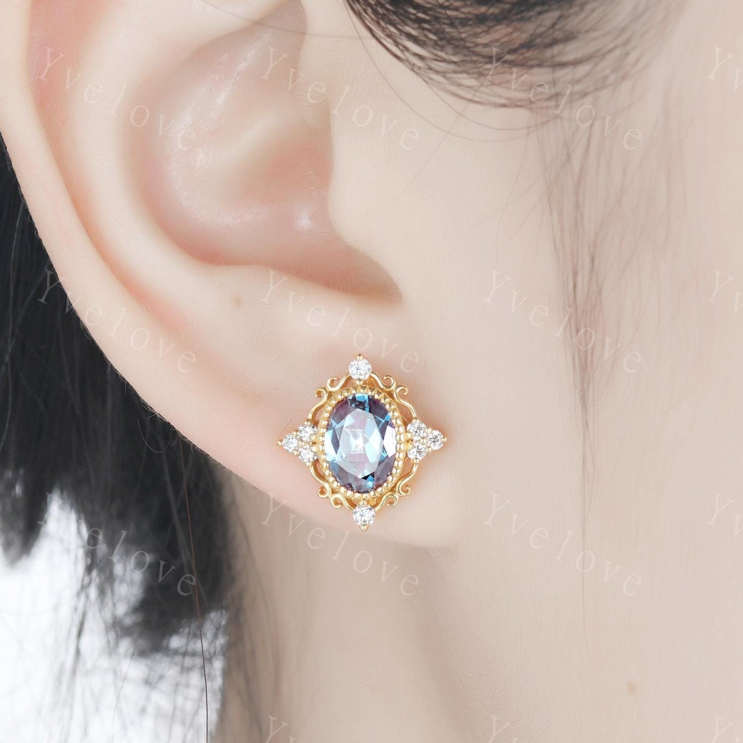 Retro Oval Cut Alexandrite Earrings,Art Deco Diamond Delicate Stud Earrings,Yellow Gold Earrings,Personalized Gift Bridal Earrings for Her